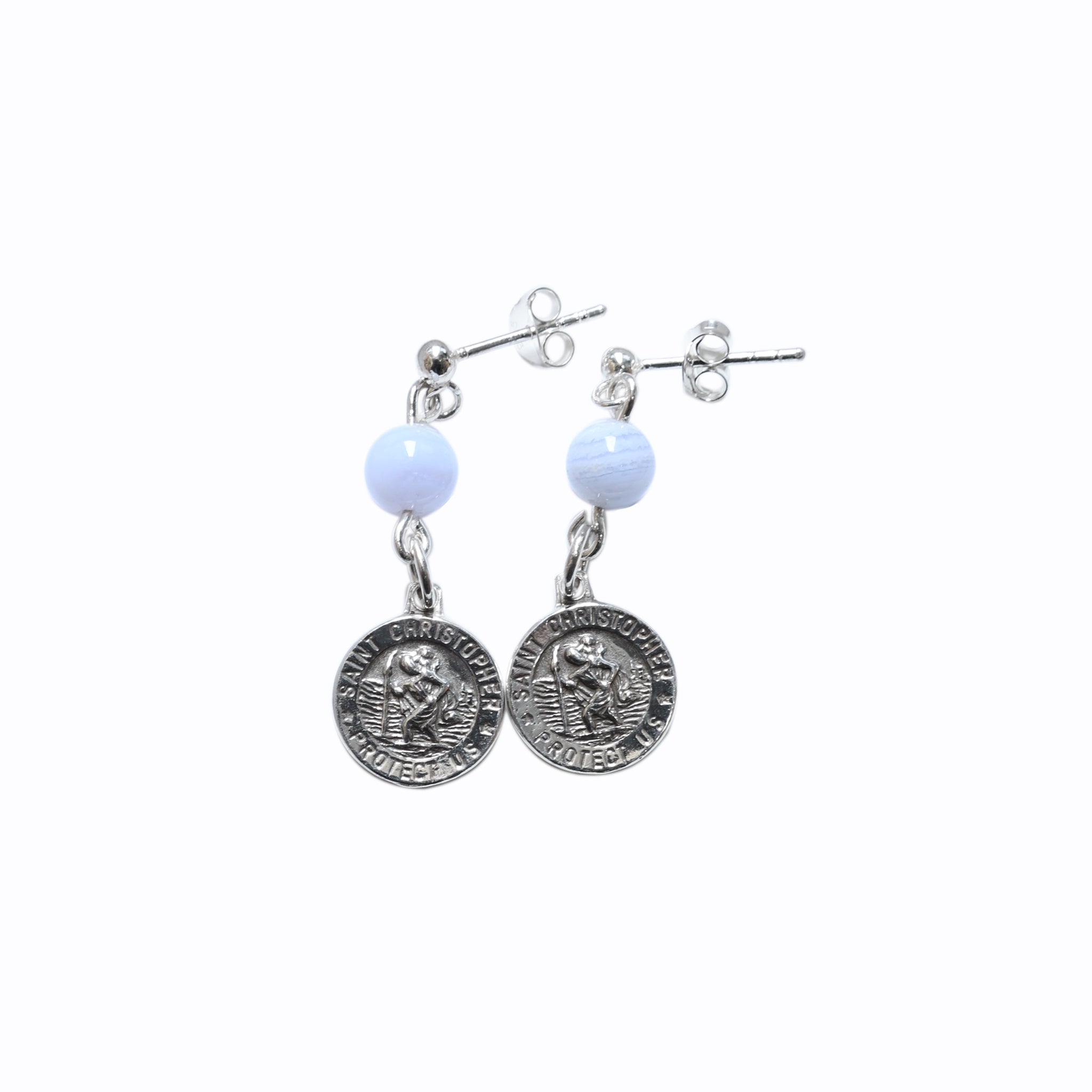 Heavenly Bluelace Agate & Sterling Silver Saint Christopher Earrings