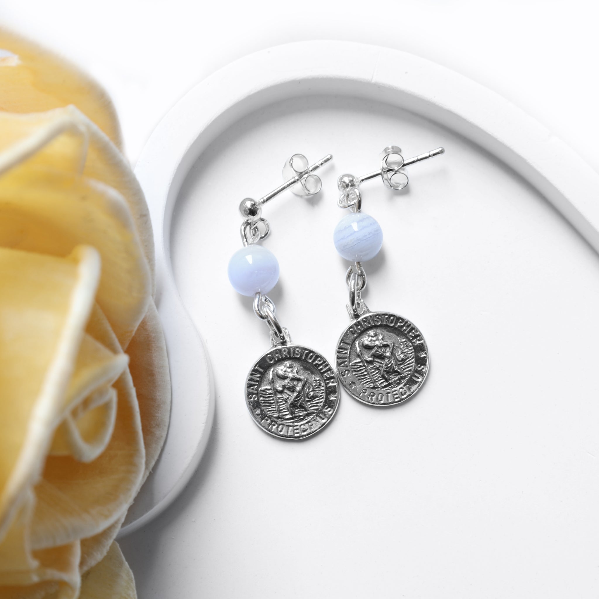 Heavenly Bluelace Agate & Sterling Silver Saint Christopher Earrings